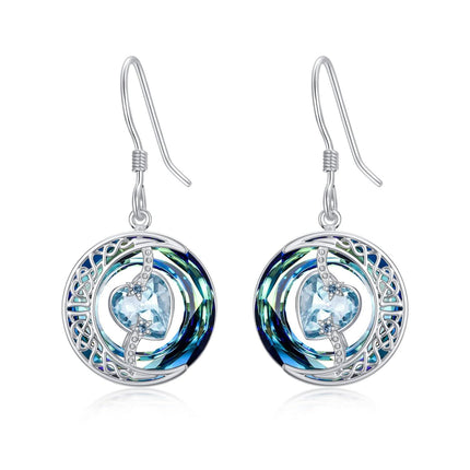 925 Sterling Silver Purple Heart & Blue Swarovski Crystals Round Drop Earrings for Women