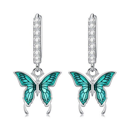 925 Sterling Silver Green Enamel Butterfly Drop Huggie Hoop Earrings for Women - 6 Styles