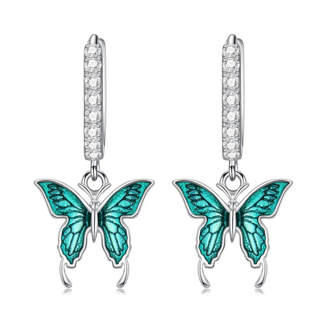 925 Sterling Silver Green Enamel Butterfly Drop Huggie Hoop Earrings for Women - 6 Styles
