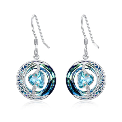 925 Sterling Silver Purple Heart & Blue Swarovski Crystals Round Drop Earrings for Women