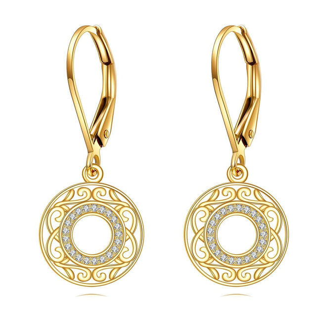 14k Gold Round Hollow Out Flower Shape Crystal Leverback Earrings for Women Girls