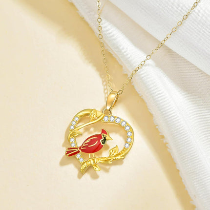 14K Gold Cardinal Bird Pendant Necklace with Cubic Zirconia for Women