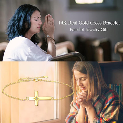 14K Gold Sideways Cross CZ Star Charm Chain Link Bracelet for Women Adjustable Religious s