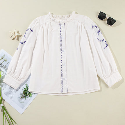 Embroidered Round Neck Long Sleeve Blouse