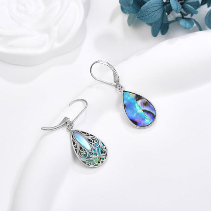 925 Sterling Silver Abalone Shell Dragonfly Filigree Teardrop Dangle Leverback Earrings