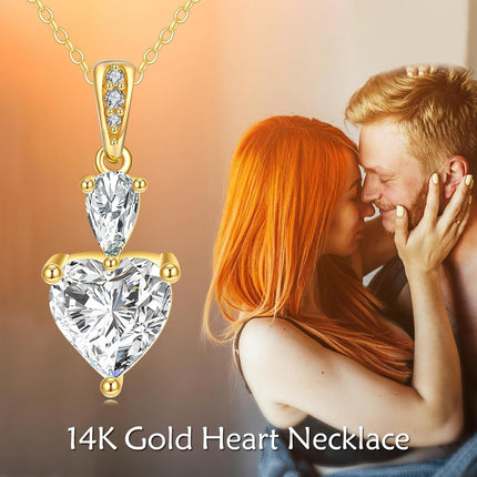 14K Gold Teardrop & Heart Shape Cubic Zirconia Pendant Necklace Elegant s for Her