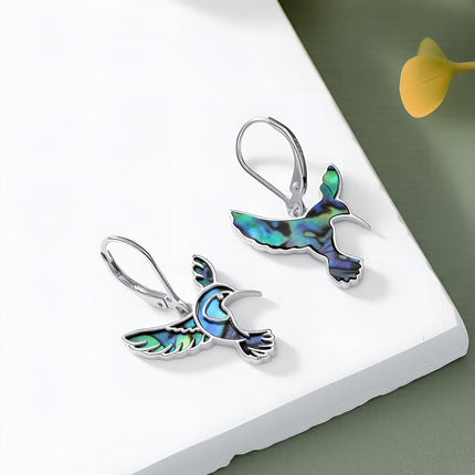 925 Sterling Silver Abalone Hummingbird Leverback Earrings - 3 Flight Postures Dangle Jewelry Gift for Women