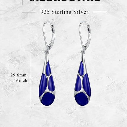 925 Sterling Silver Blue Enamel Tear Drop Leverback Earrings for Women Gift Ideas