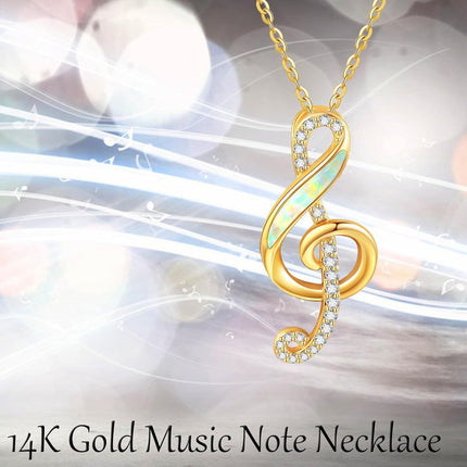 14K Gold Opal Treble Clef Music Note Pendant Necklace for Women Girls Christmas Gifts