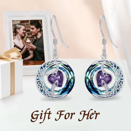 925 Sterling Silver Purple Heart & Blue Swarovski Crystals Round Drop Earrings for Women