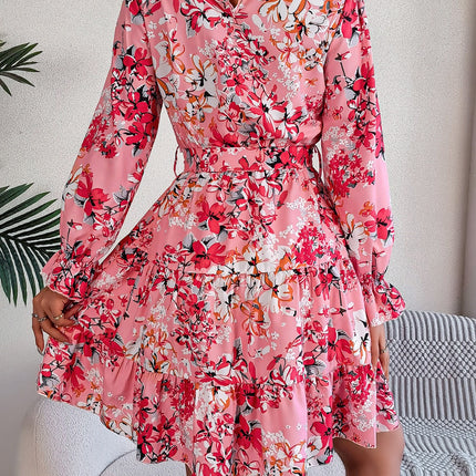 Printed Mock Neck Flounce Sleeve Mini Dress