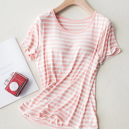 Striped Round Neck Short Sleeve T-Shirt with Bra