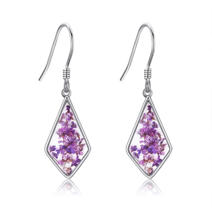 925 Sterling Silver Purple Floral Cubic Zirconia-Shaped Drop Earrings