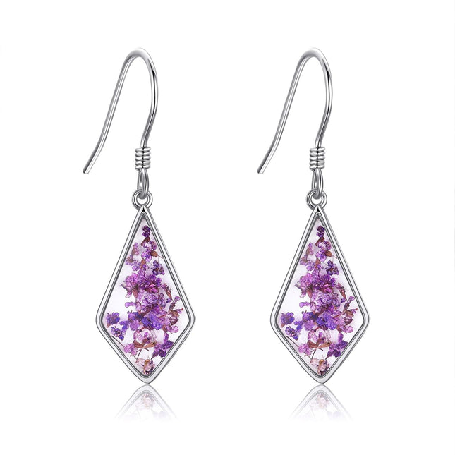 925 Sterling Silver Purple Floral Cubic Zirconia-Shaped Drop Earrings
