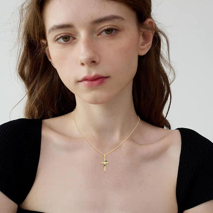 14K Gold Cross Butterfly Pendant Necklace for Women Blue Enamel