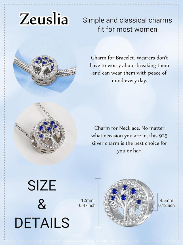 925 Sterling Silver Tree of Life Birthstone Charms for Bracelets