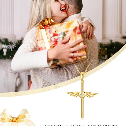 14K Gold Angel Wing Heart Faith Cross Pendant Necklace for Women - Baptism Gift for Mom or Wife