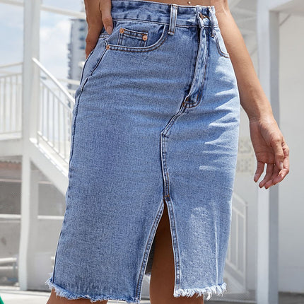 Buttoned Slit Denim Skirt