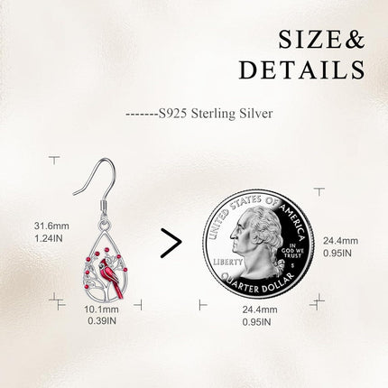 925 Sterling Silver Cardinal Bird Tree Branch Drop Earrings with Red Enamel and Crystal Accents for Women