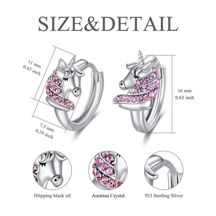 925 Sterling Silver Pink Crystal Unicorn Huggie Hoop Earrings for Girls and Women's Gifts
