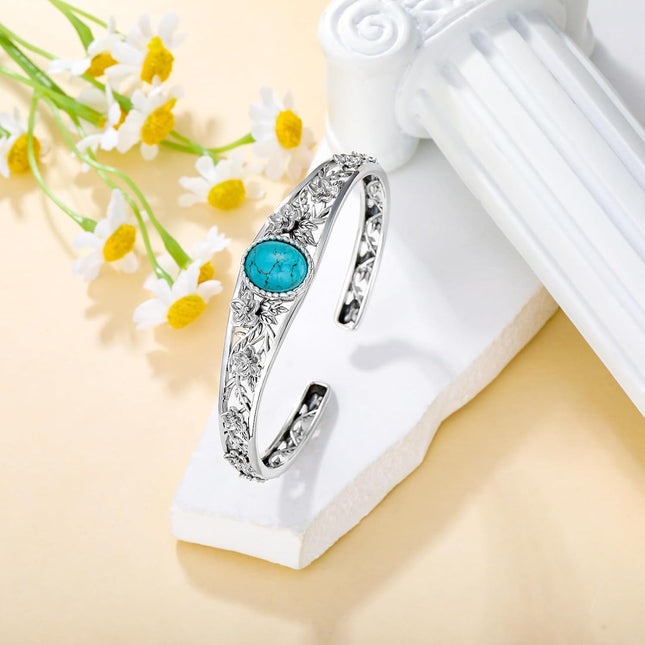 925 Sterling Silver Turquoise Floral Vine Adjustable Bracelet Cuff