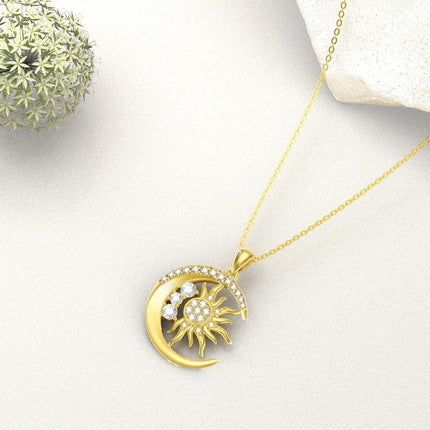 14K Yellow Gold Moon Sun Pendant Necklace for Women Jewelry Gifts