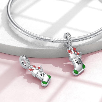 925 Sterling Silver Christmas Stocking Charm Bracelet with Enamel and Crystal Accents - Holiday Gifts for Women & Teenage Girls