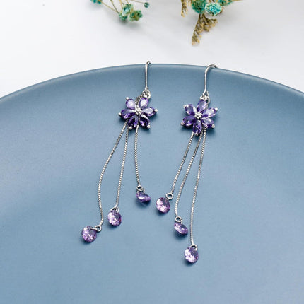 925 Sterling Silver Cubic Zirconia Drop Earrings w/ Purple Flowers & Butterflies