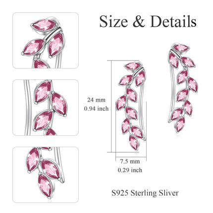 925 Sterling Silver Pink Austrian Crystal Leaf Ear Climber Hypoallergenic Earrings