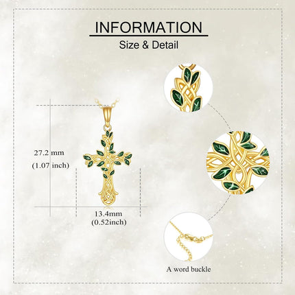 14K Gold Green Enamel Celtic Knot Tree Of Life Cross Pendant Necklace For Women
