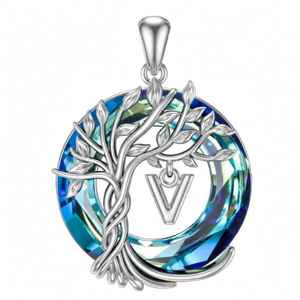 925 Sterling Silver Blue Crystal Tree of Life Initial Necklace Family Letter Pendant Birthday Mother s Day Gifts for Her