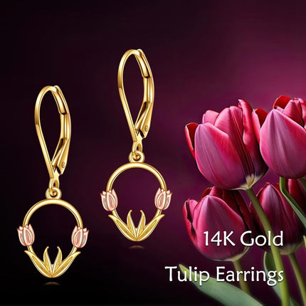 14K Gold Tulip Flower Leverback Earrings for Women