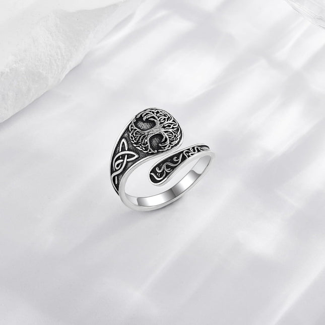 925 Sterling Silver Spoon Rings Hummingbird Shark Daisy Tree of Life Dragonfly Witches Knot Sea Turtle Adjustable Thumb Rings for Women Mother Birthday Gifts