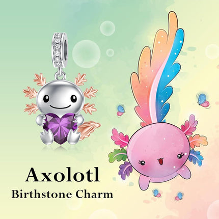 925 Sterling Silver Axolotl Charm with Purple Heart Birthstone for Bracelets Jewelry Making Gifts for Women