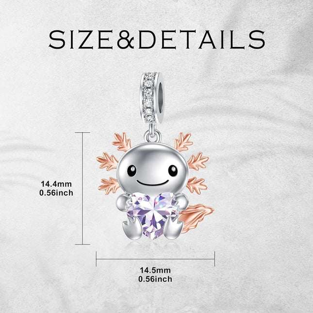 925 Sterling Silver Axolotl Charm with Purple Heart Birthstone Bead for Bracelets Jewelry Making Gifts for Women