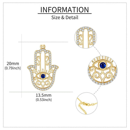 14K Gold Evil Eye Hamsa Pendant Necklace with Cubic Zirconia and Chain for Women