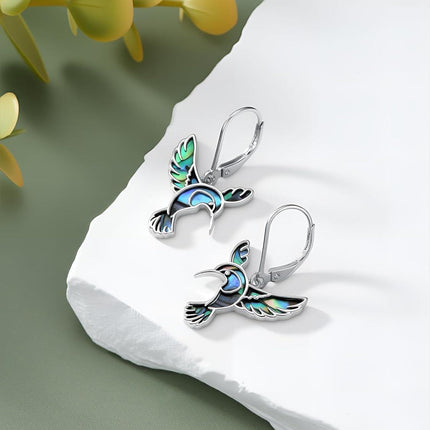 925 Sterling Silver Abalone Hummingbird Leverback Earrings - 3 Flight Postures Dangle Jewelry Gift for Women