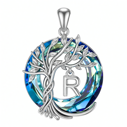 925 Sterling Silver Blue Crystal Tree of Life Initial Necklace Family Letter Pendant Birthday Mother s Day Gifts for Her