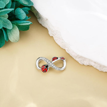 925 Sterling Silver Infinity Love Red Black Ladybug Pendant Bracelet & Necklace Set for Women's Gift