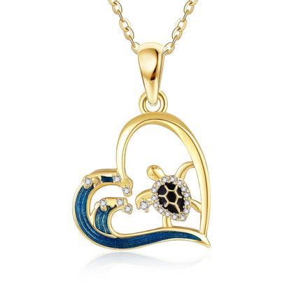 14K Gold Black Onyx Wave Turtle Pendant Necklace for Women Girls
