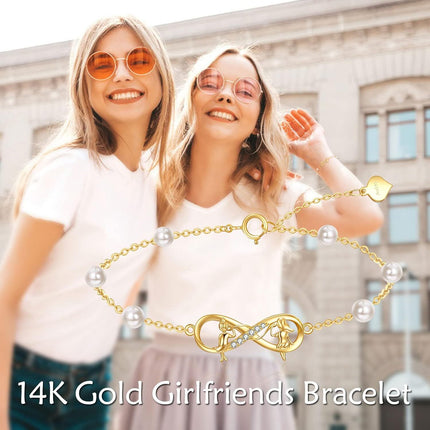 14K Real Gold Sisters Infinity Bracelet - Hypoallergenic Adjustable Jewelry Gift for Women, Friends, Partners - 5.9-8.06 Inch Length, 6.6mm Heart Pendant - Christmas, Anniversary, Birthday Present