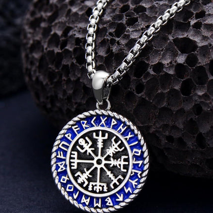 925 Sterling Silver Vegvisir Compass Norse Runes Pendant Necklace  Blue Enamel Viking Jewelry for Men Women Gift 47cm Chain Length