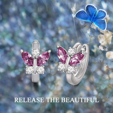 925 Sterling Silver Blue Simulated Aquamarine Crystal Butterfly Huggie Earrings