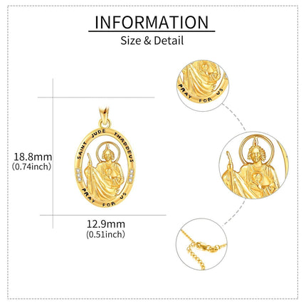 14K Gold Saint Jude Thaddeus Pendant Necklace with Cubic Zirconia - Religious Protection s for Women on Valentines and Mother's Days
