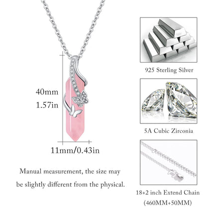 925 Sterling Silver Pink Rose Quartz Amethyst Butterfly Pendant Necklace