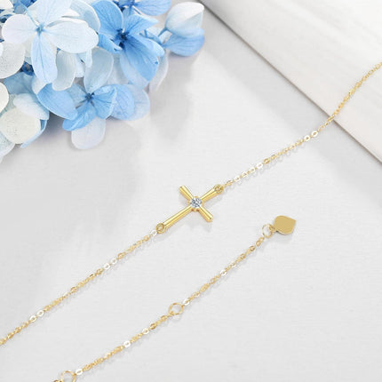 14K Gold Sideways Cross Charm Bracelet with Diamond Accent for Women - Religious