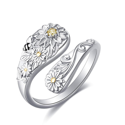 925 Sterling Silver Spoon Rings Hummingbird Shark Daisy Tree of Life Dragonfly Witches Knot Sea Turtle Adjustable Thumb Rings for Women Mother Birthday Gifts