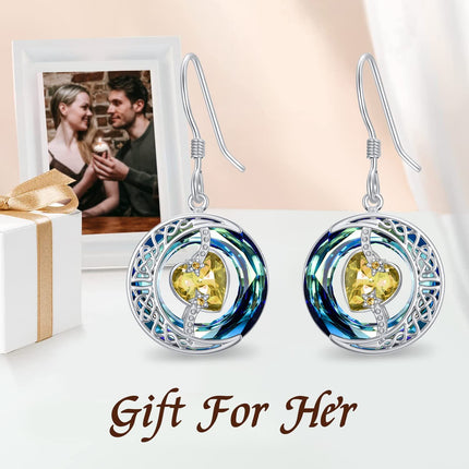 925 Sterling Silver Purple Heart & Blue Swarovski Crystals Round Drop Earrings for Women