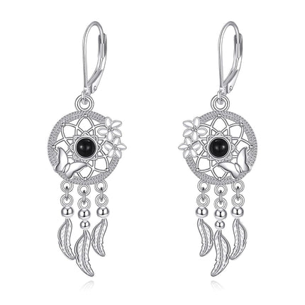925 Sterling Silver Black Onyx Butterfly Feather Dreamcatcher Drop Earrings for Women's Gifts