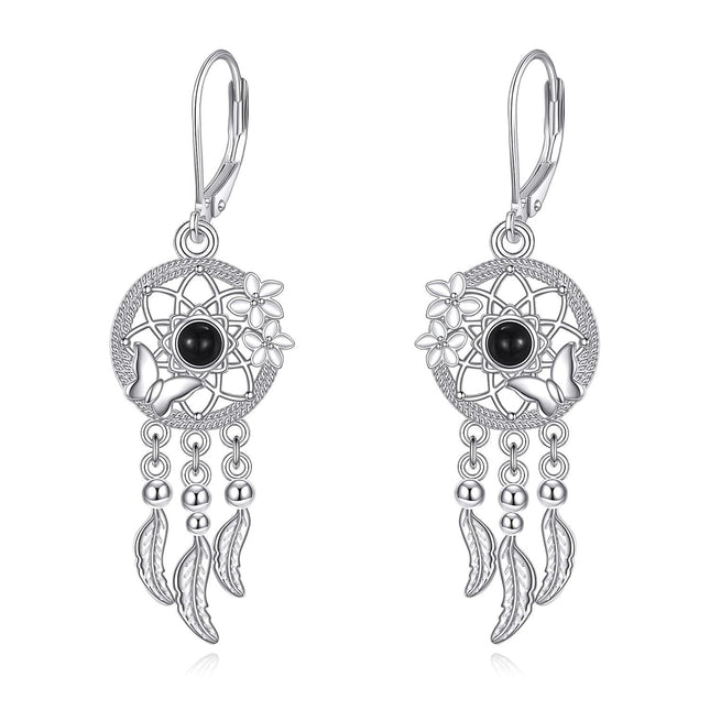 925 Sterling Silver Black Onyx Butterfly Feather Dreamcatcher Drop Earrings for Women's Gifts